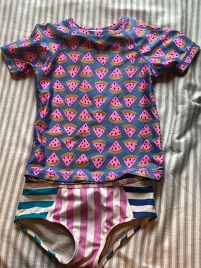 Tea Collection Girls Blue Rash Guard and Pink Striped Swim Bottoms